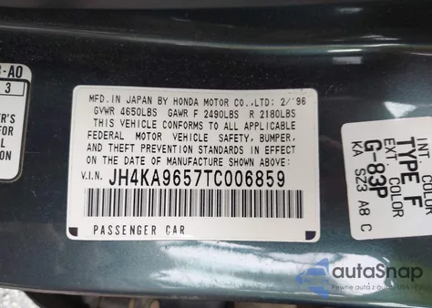 1996 Acura 3.5Rl z USA, uszkodzony, nr VIN JH4KA9657TC006859